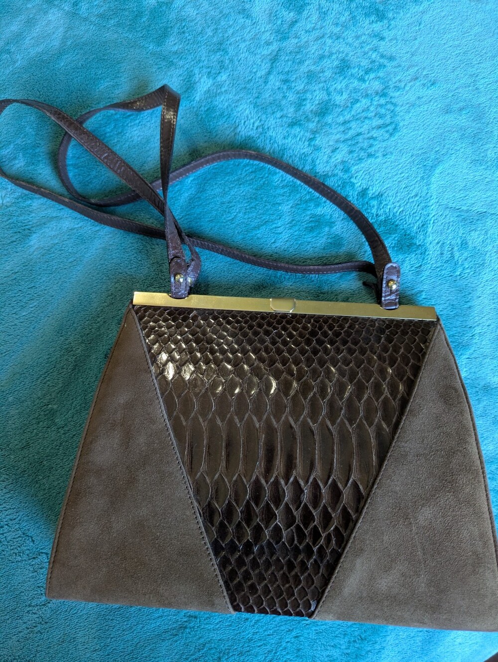 Brown Suede & Snakeskin-Texture Shoulder Bag with Gold Frame